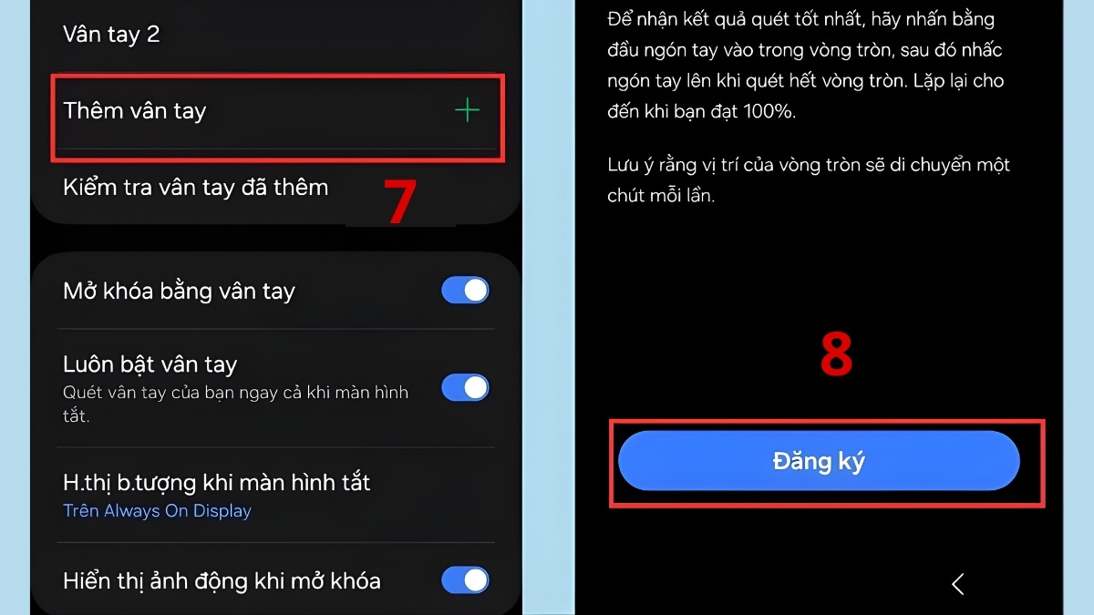 Chọn Thêm vân tay và nhấn Đăng ký