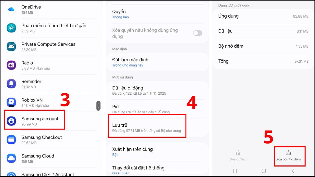 Thao tác xóa bộ nhớ đệm trong tài khoản Samsung