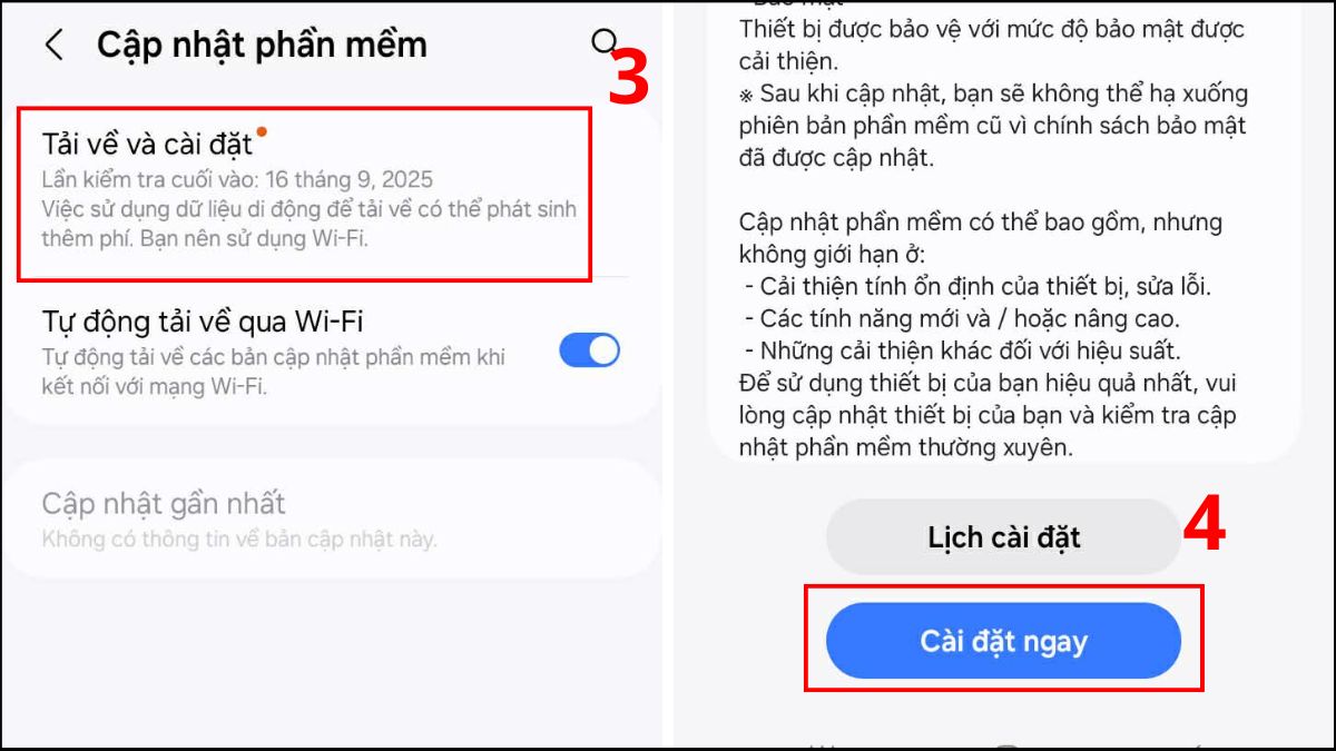 Thao tác tải về bản cập nhật phần mềm trên điện thoại Samsung