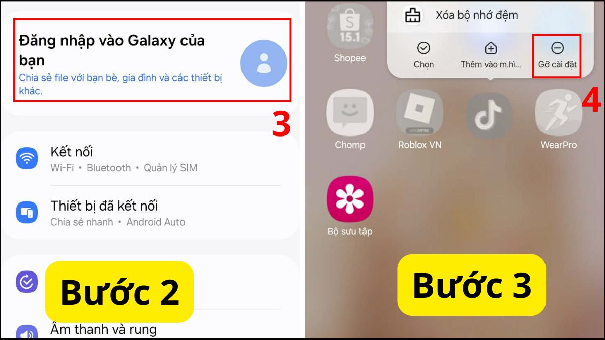 Đăng nhập lại tài khoản Samsung và gỡ cài đặt ứng dụng nghi ngờ