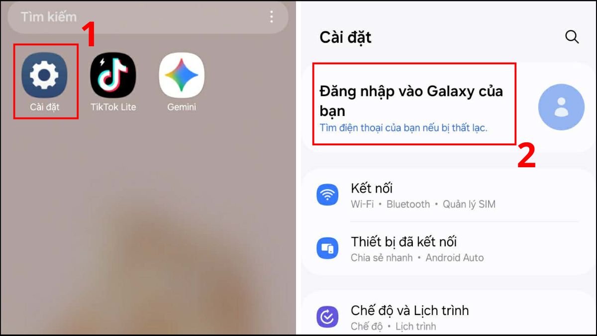 Đăng nhập lại tài khoản Samsung trong mục Cài đặt