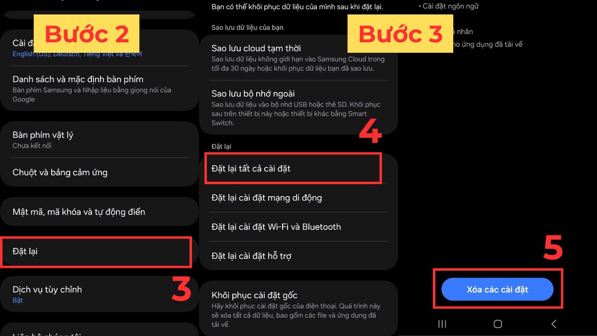 Thao tác thiết lập quá trình Đặt lại tất cả cài đặt