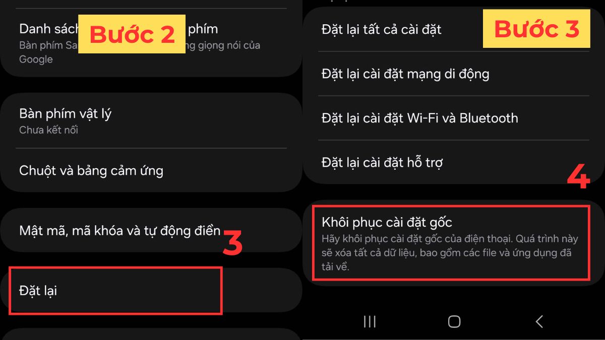 Nhấn chọn Đặt lại và Khôi phục cài đặt gốc