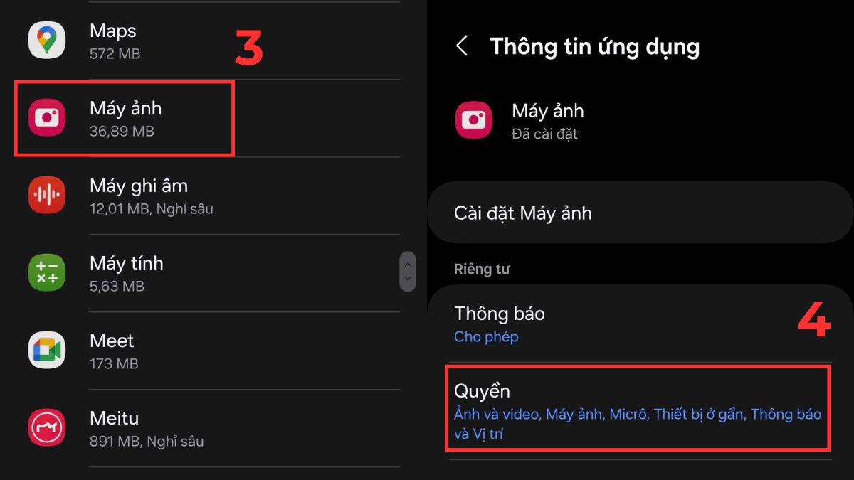 Truy cập vào mục Quyền trong Máy ảnh