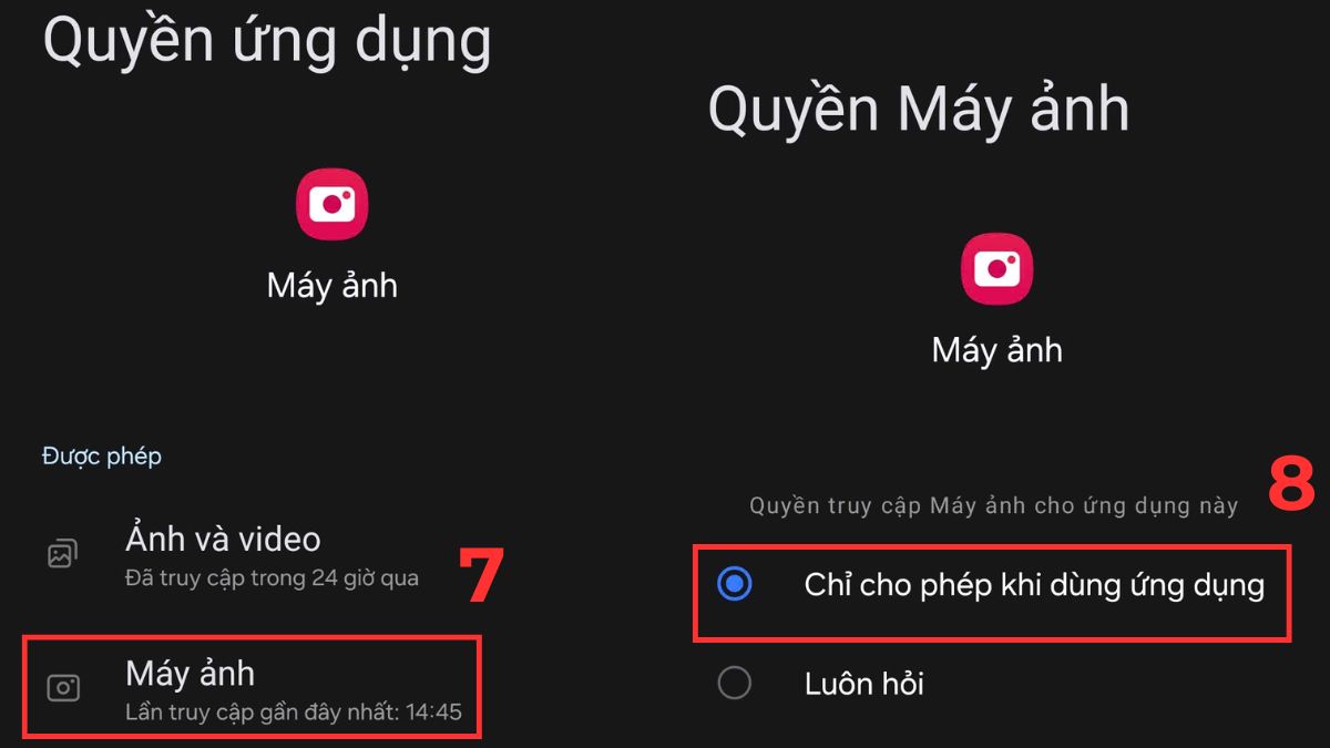 Chọn vào Chỉ cho phép khi dùng ứng dụng