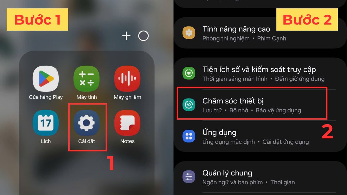 Tìm đến mục Chăm sóc thiết bị trong mục Cài đặt