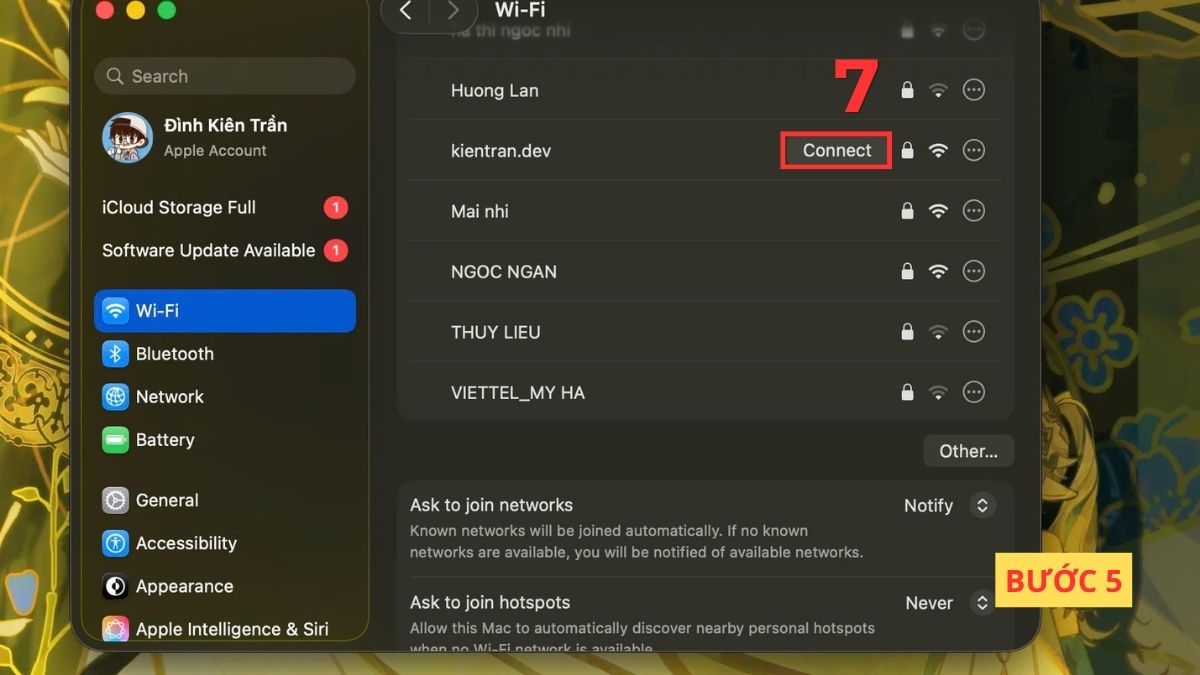 Quay lại danh sách WiFi và Connect với mạng cần sử dụng