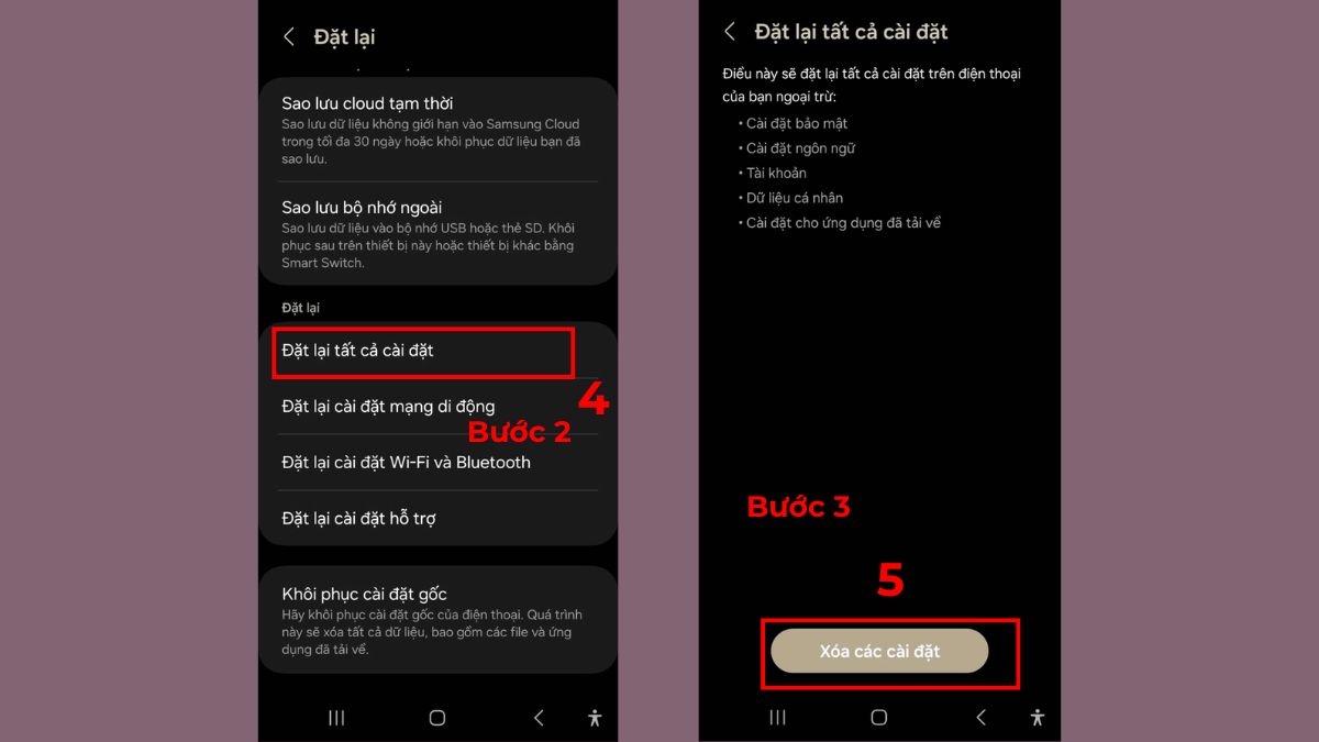 Chọn vào Đặt lại tất cả cài đặt và chọn tiếp Xóa các cài đặt