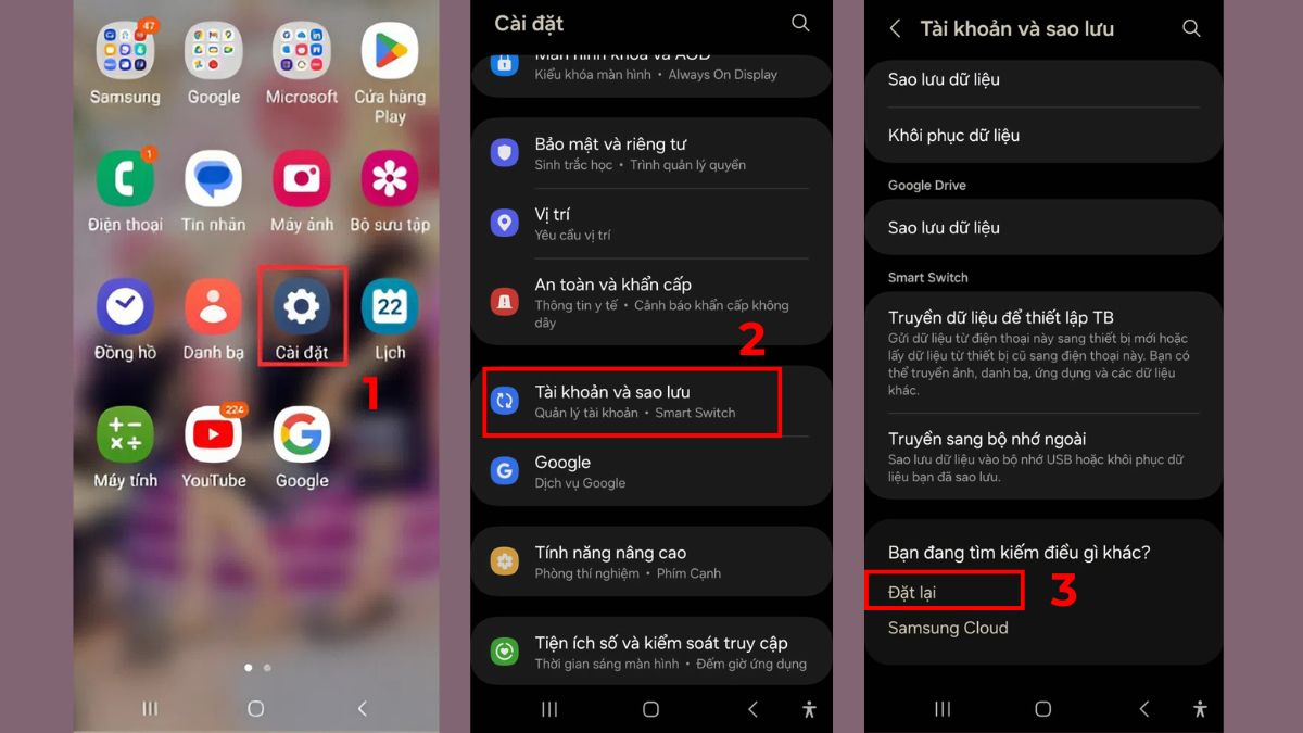 Truy cập mục Đặt lại trong Cài đặt