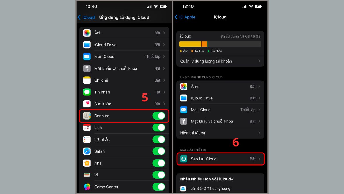 Chọn Danh bạ và Sao lưu iCloud