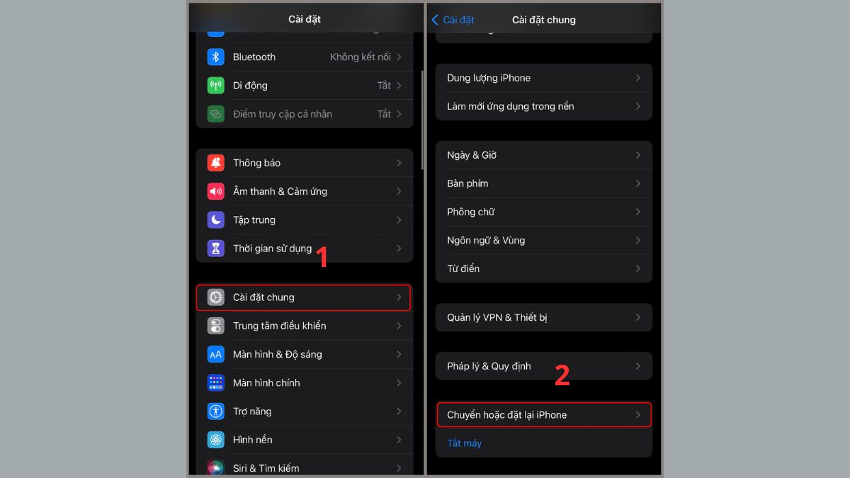 Tìm đến mục Cài đặt chung và Chuyển hoặc đặt lại iPhone