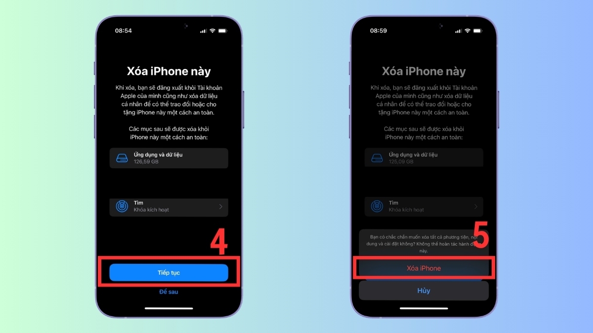 Chọn Tiếp tục và Xóa iPhone