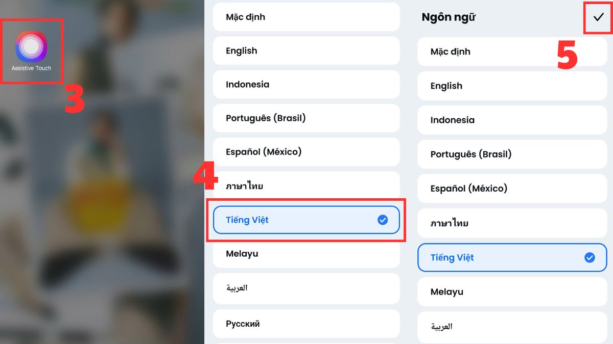 Mở ứng dụng Easy Touch và chọn Ngôn ngữ