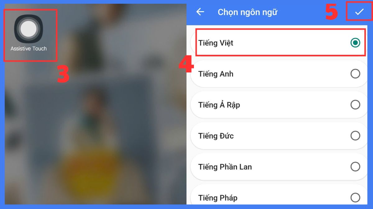 Mở ứng dụng Assistive Touch và chọn Ngôn ngữ