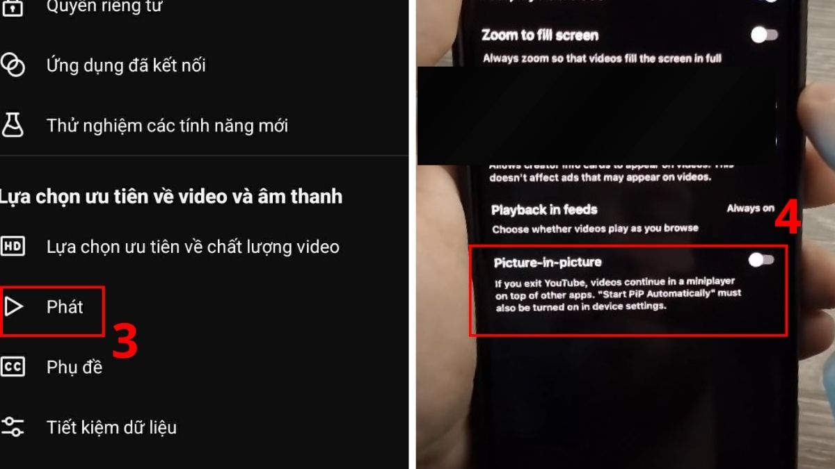 Chọn vào mục Phát và bật tính năng Hình trong Hình