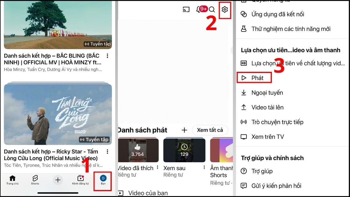 Tìm đến mục Phát trong ứng dụng YouTube