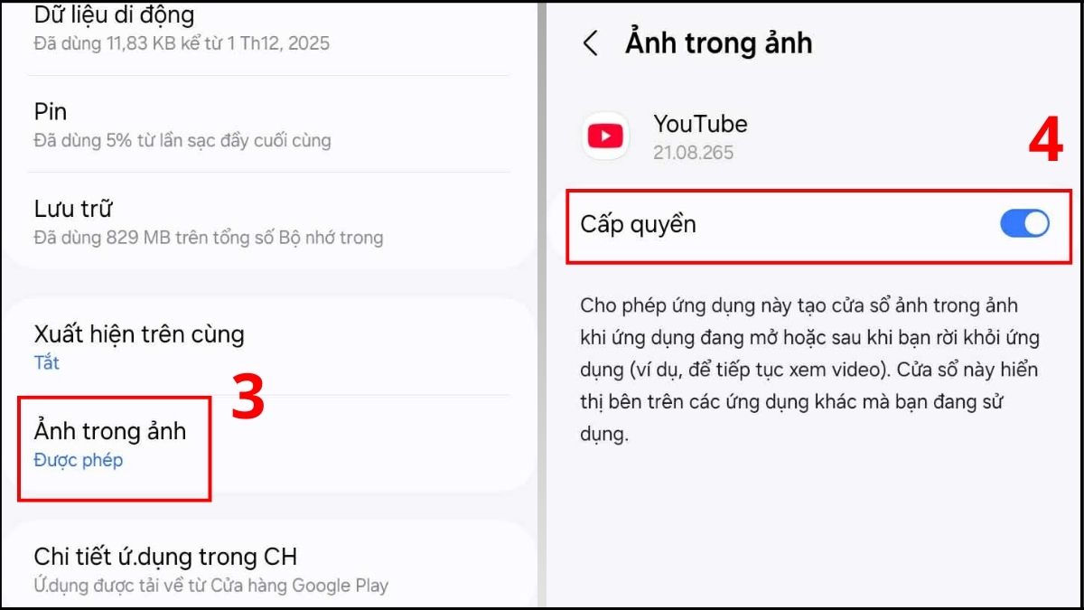 Cấp quyền trong mục Ảnh trong ảnh
