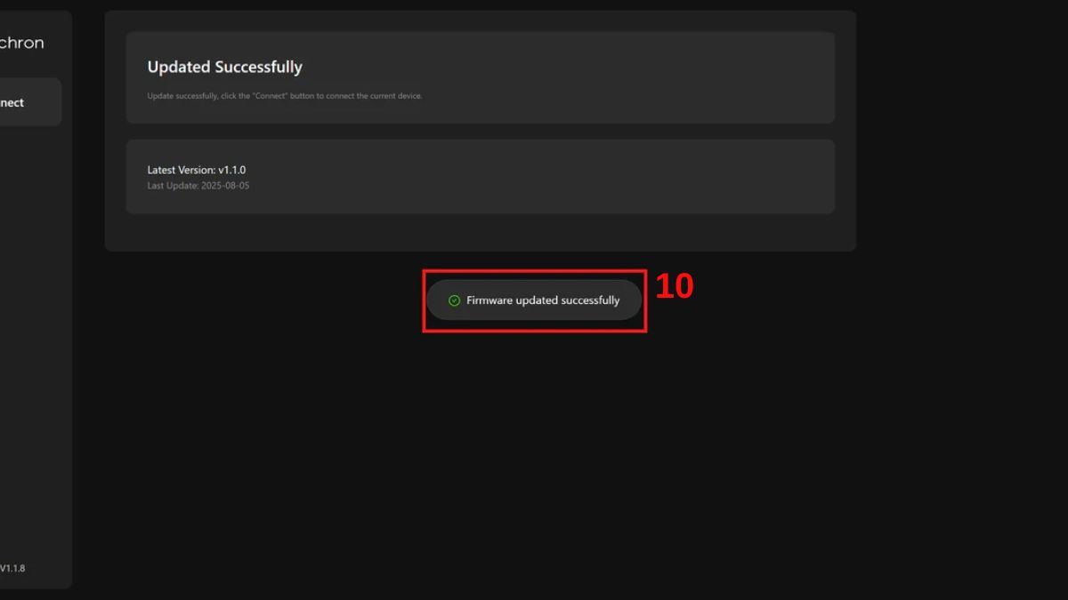 Màn hình hiển thị thông báo Firmware update successfully