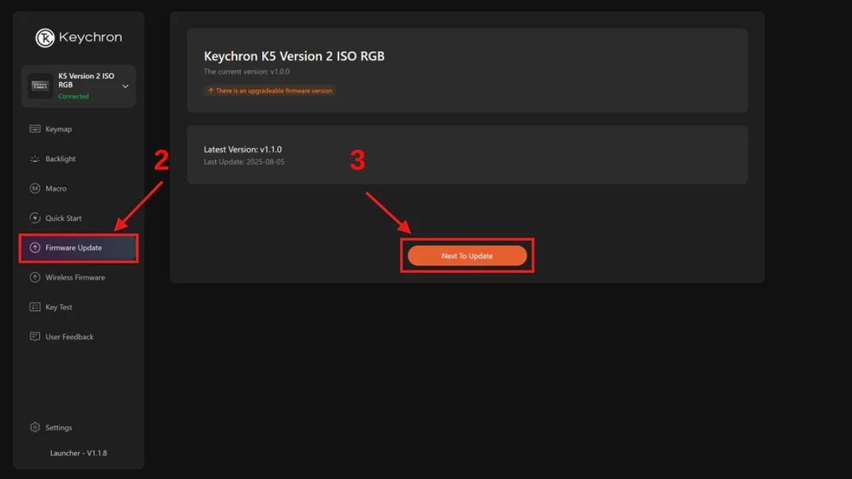 Nhấn Firmware Update và Next To Update