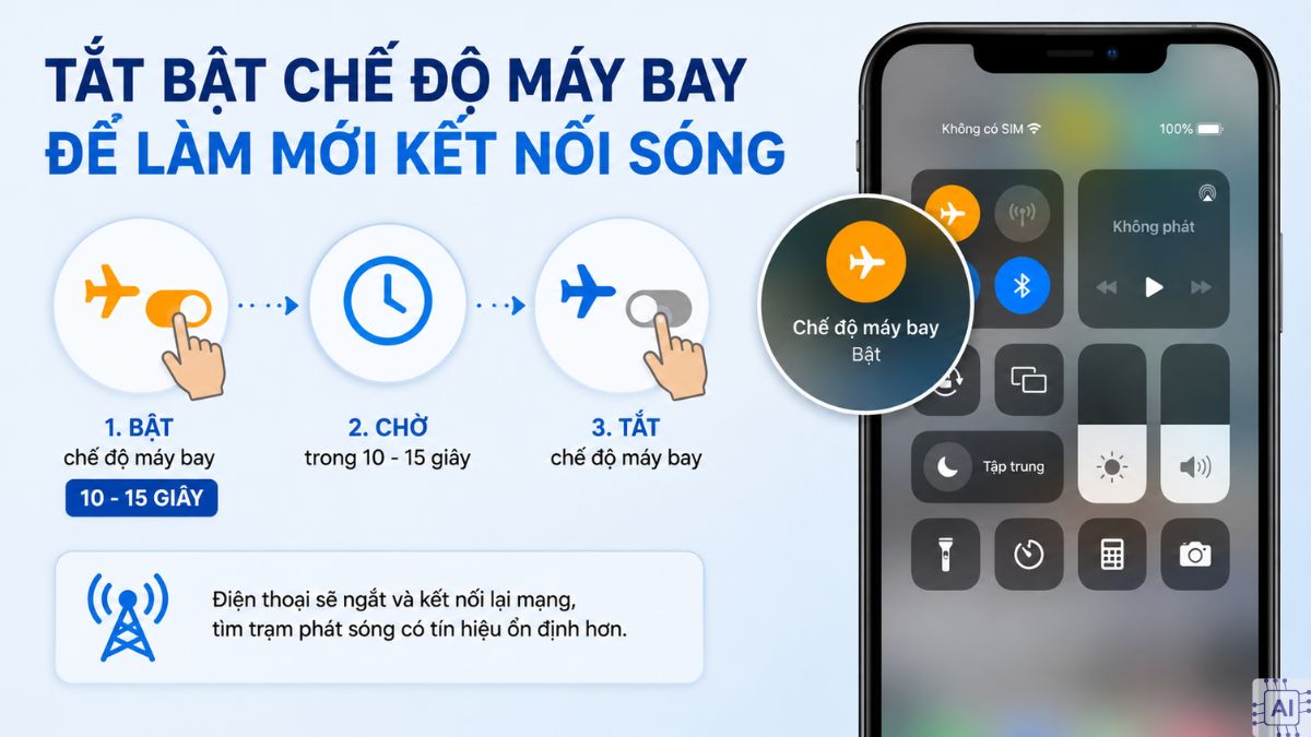 Tắt bật chế độ máy bay để làm mới kết nối sóng