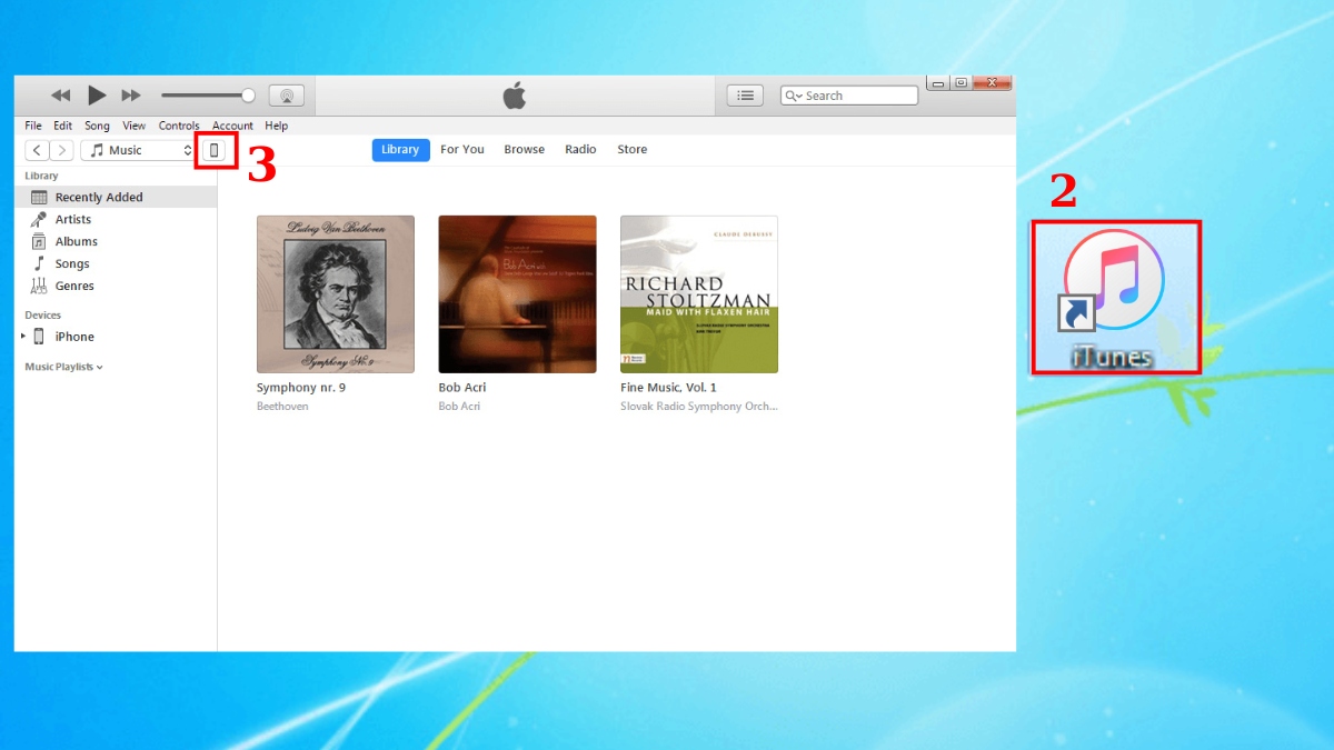 Chọn tiếp vào iTunes và biểu tượng iPhone