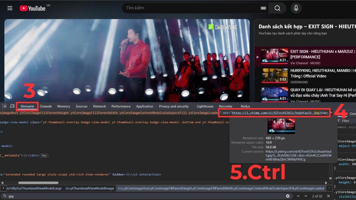 Chuyển sang tab Elements và tìm đến đường link ảnh thumbnail