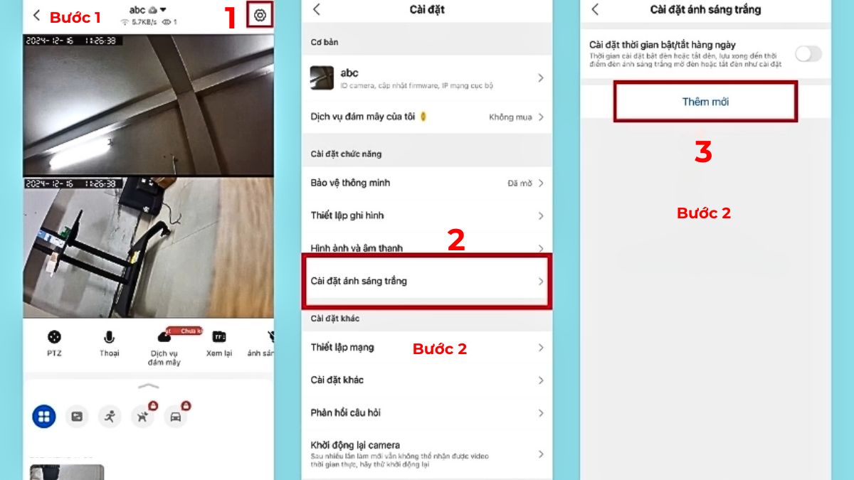 Mở cài đặt camera và cài đặt ánh sáng trắng