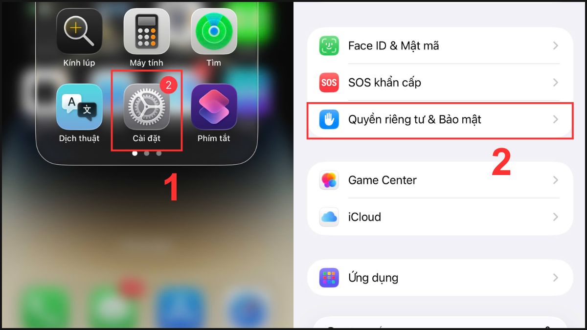 Vào mục Quyền riêng tư & Bảo mật