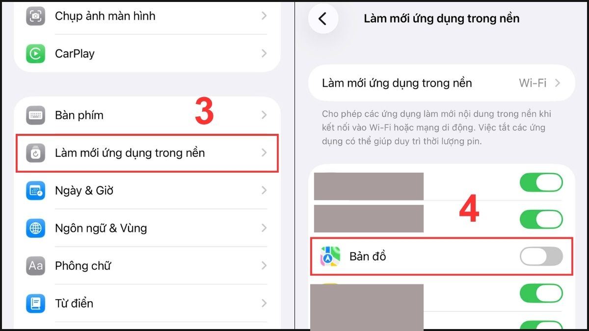Nhấp vào những ứng dụng cần tắt để thao tác