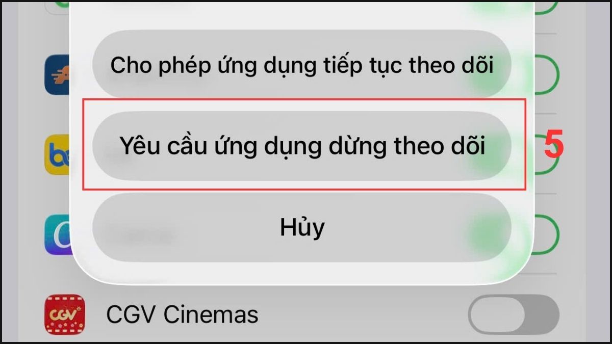 Nhấn chọn Yêu cầu ứng dụng dừng theo dõi