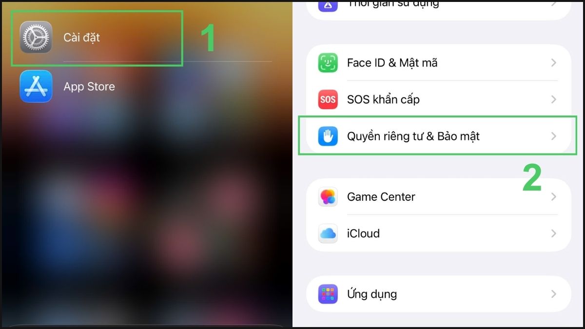Truy cập vào mục Quyền riêng tư & Bảo mật