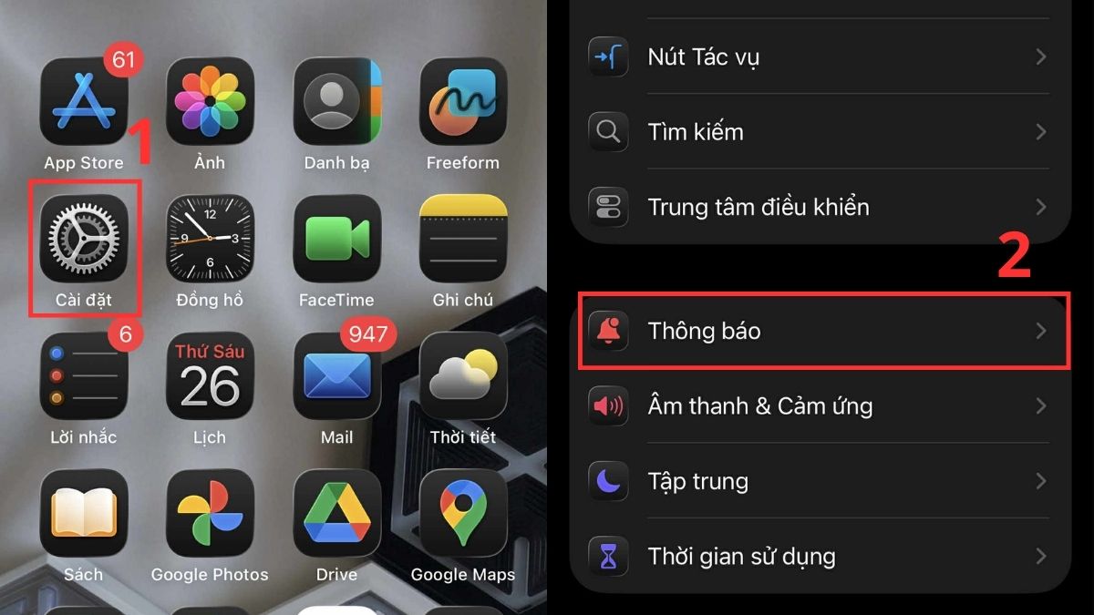 Truy cập vào ứng dụng Thông báo trong Cài đặt