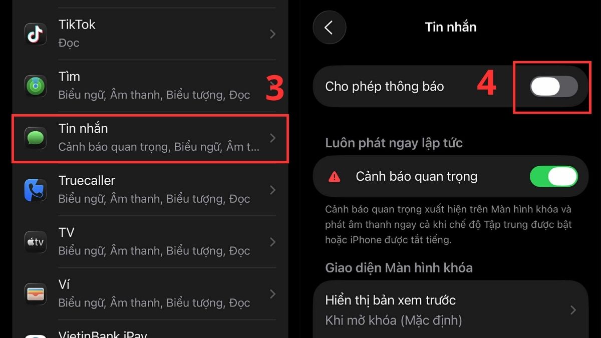 Tắt thông báo ứng dụng Tin nhắn