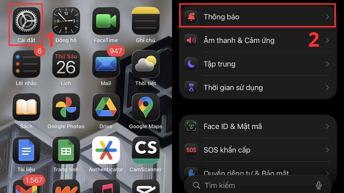 Mở Cài đặt và chọn Thông báo