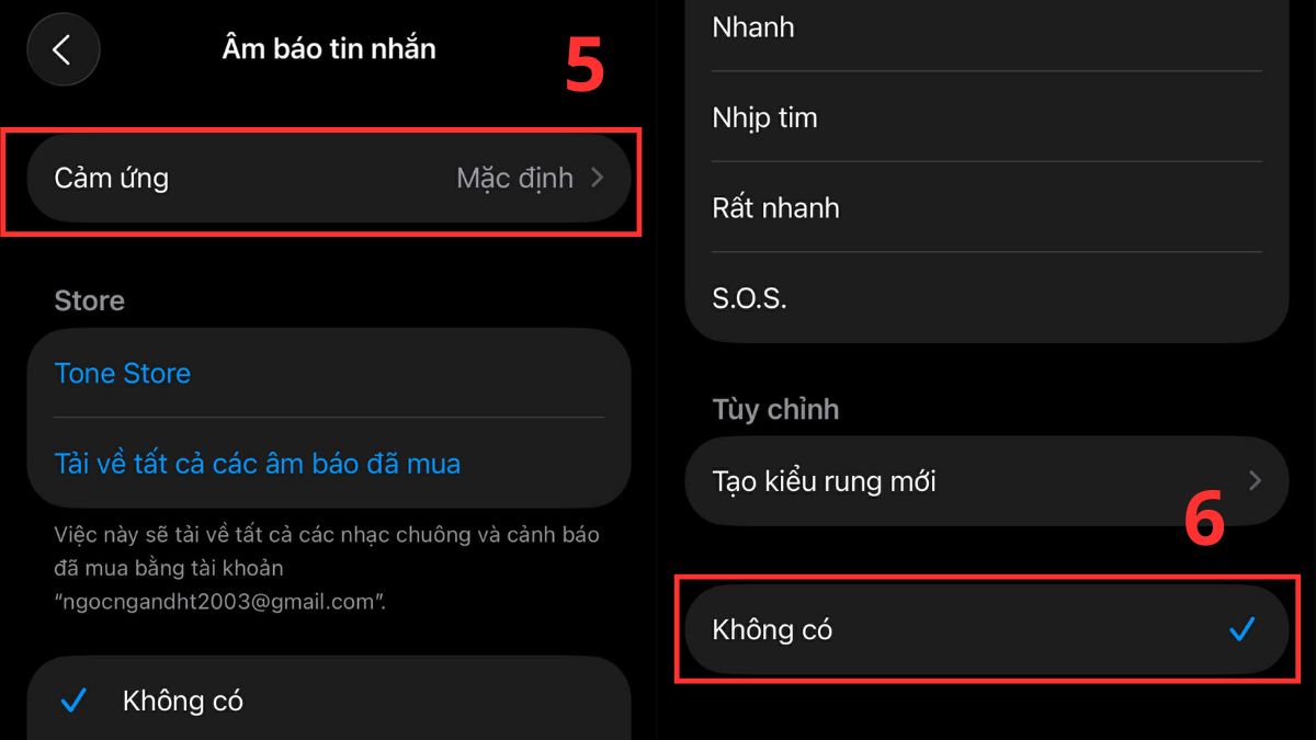 Tắt tính năng rung khi nhận tin nhắn