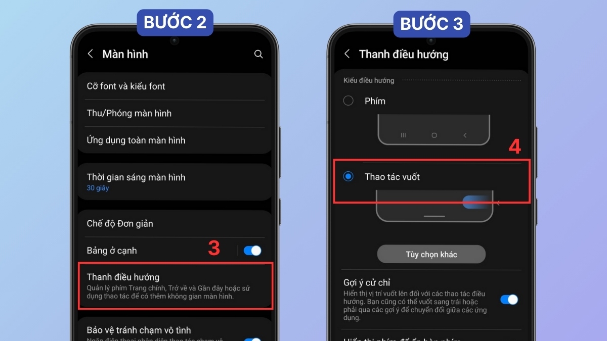 Tìm đến mục Thanh điều hướng, Thao tác vuốt và kiểm tra lại