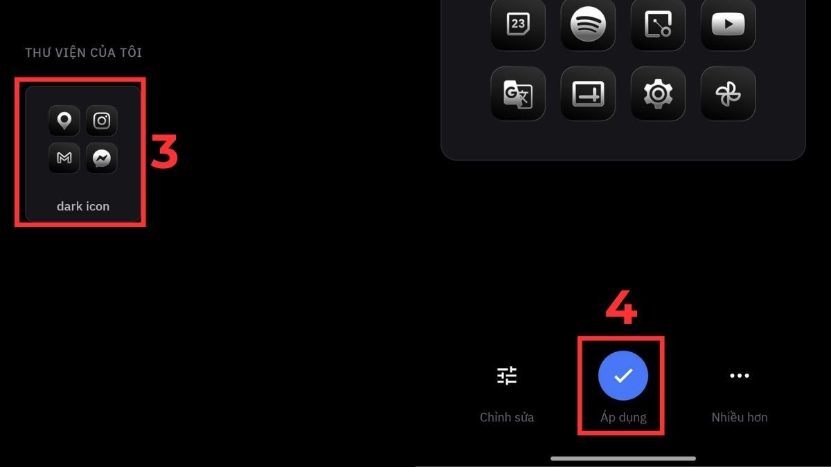 Nhấn vào icon pack và Tick chọn áp dụng