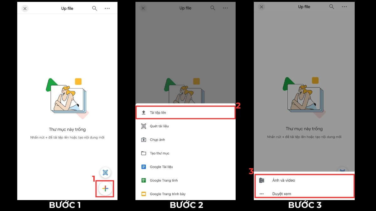 Các thao tác up file bằng điện thoại lên Drive