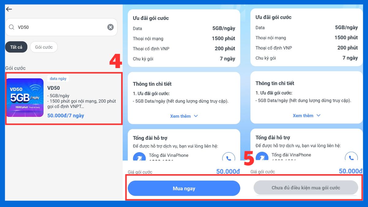 Thực hiện thanh toán gói cước VD50