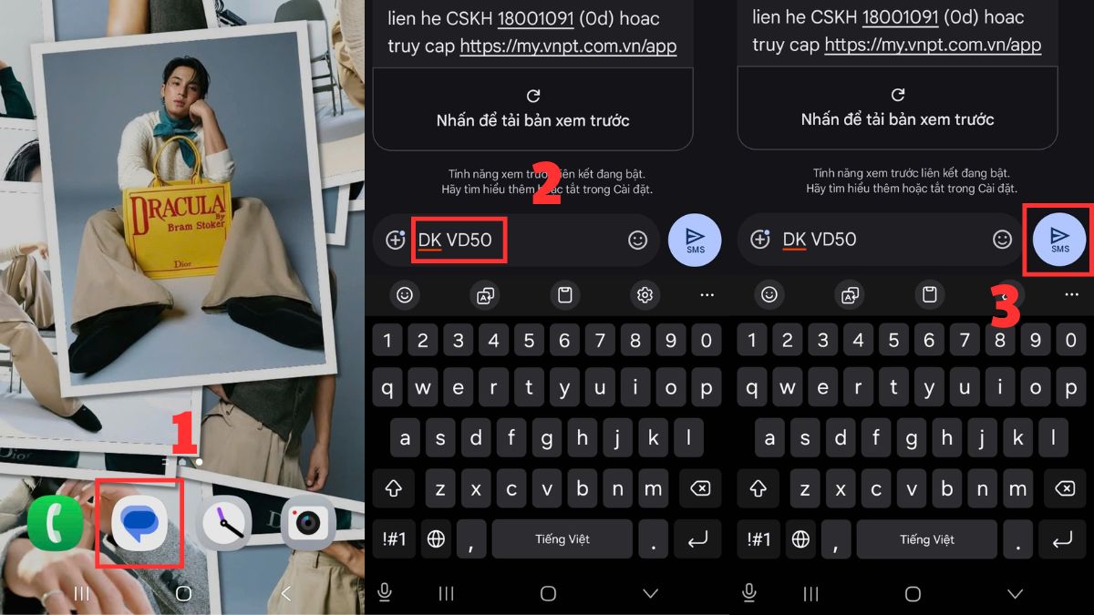 Thao tác ký gói DK VD50 qua SMS