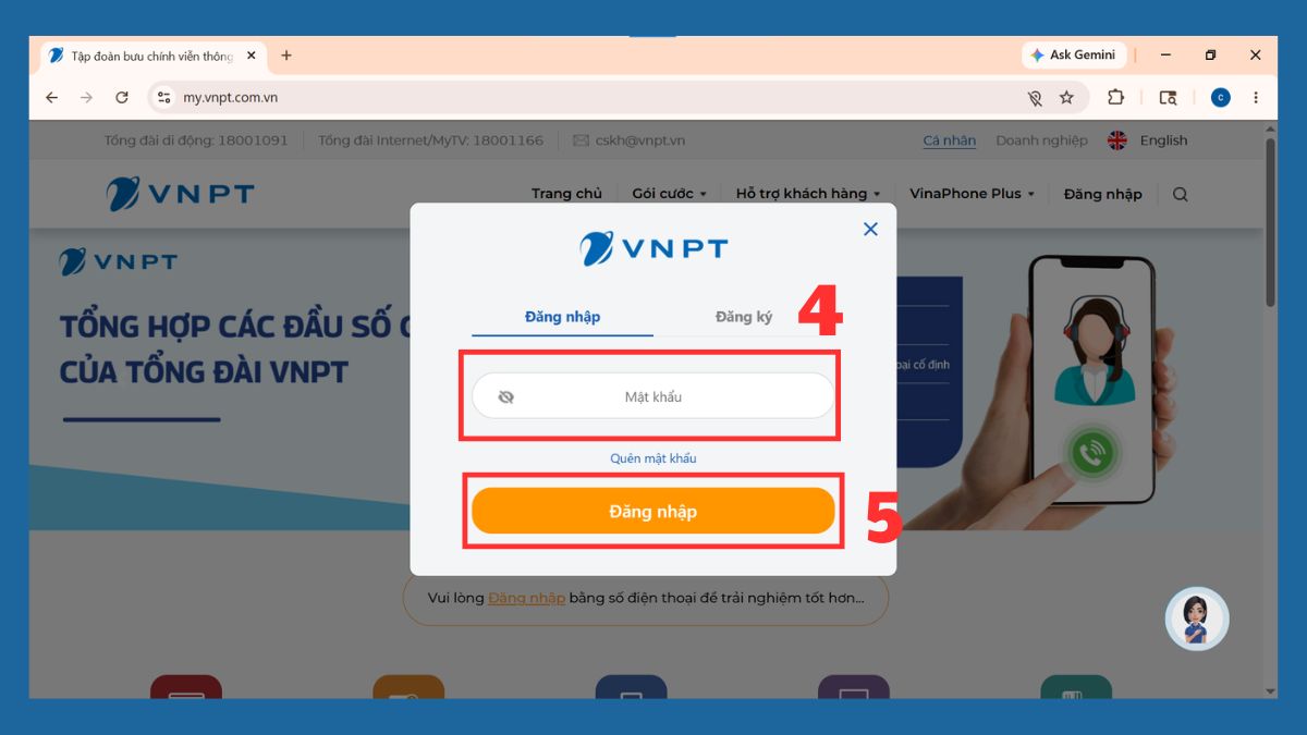Nhập mật khẩu và đăng nhập