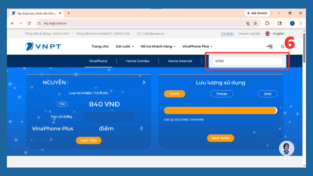 Tìm kiếm gói cước và bấm Enter
