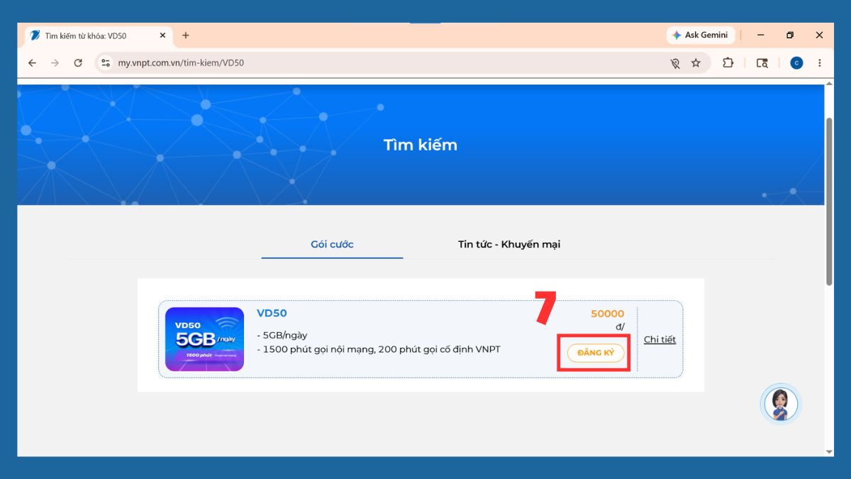 Bấm đăng ký gói VD50