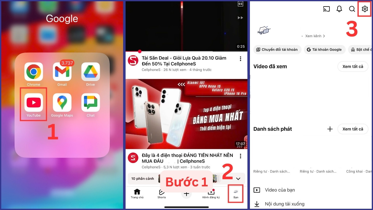 Vào mục Cài đặt trong YouTube