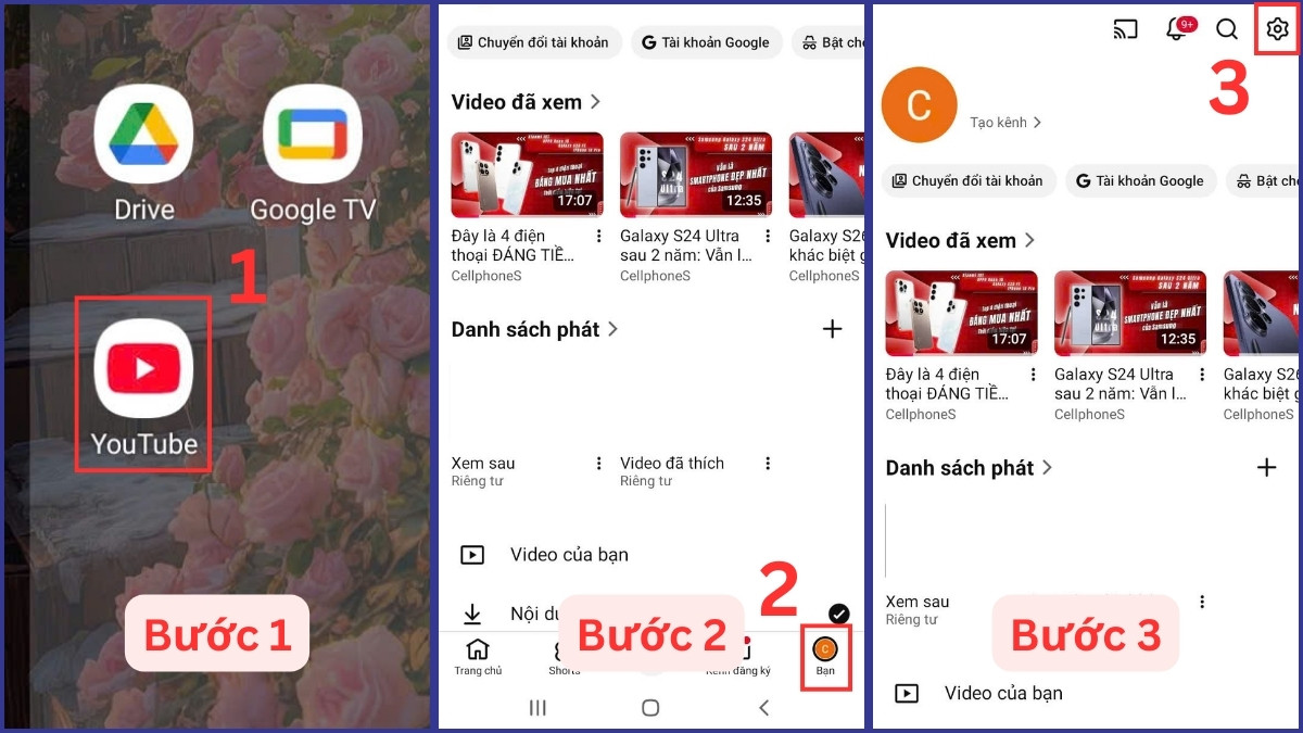 Vào mục cài đặt trong tài khoản YouTube