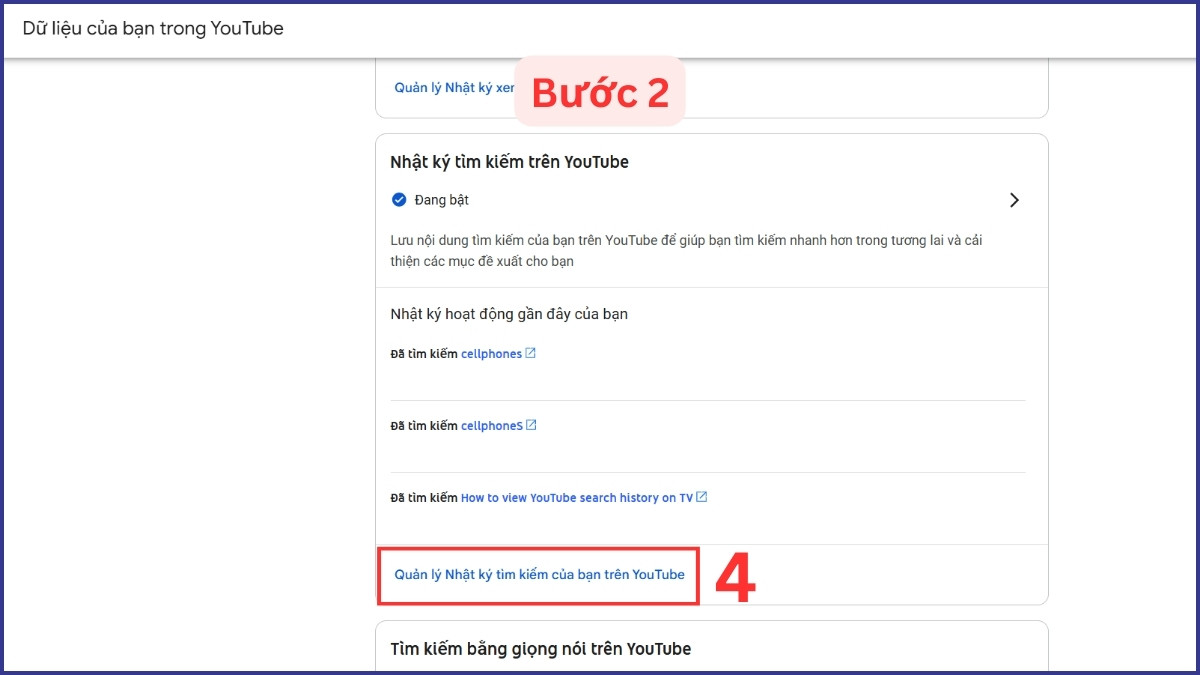 Tìm đến mục Quản lý Nhật ký tìm kiếm của bạn trên YouTube