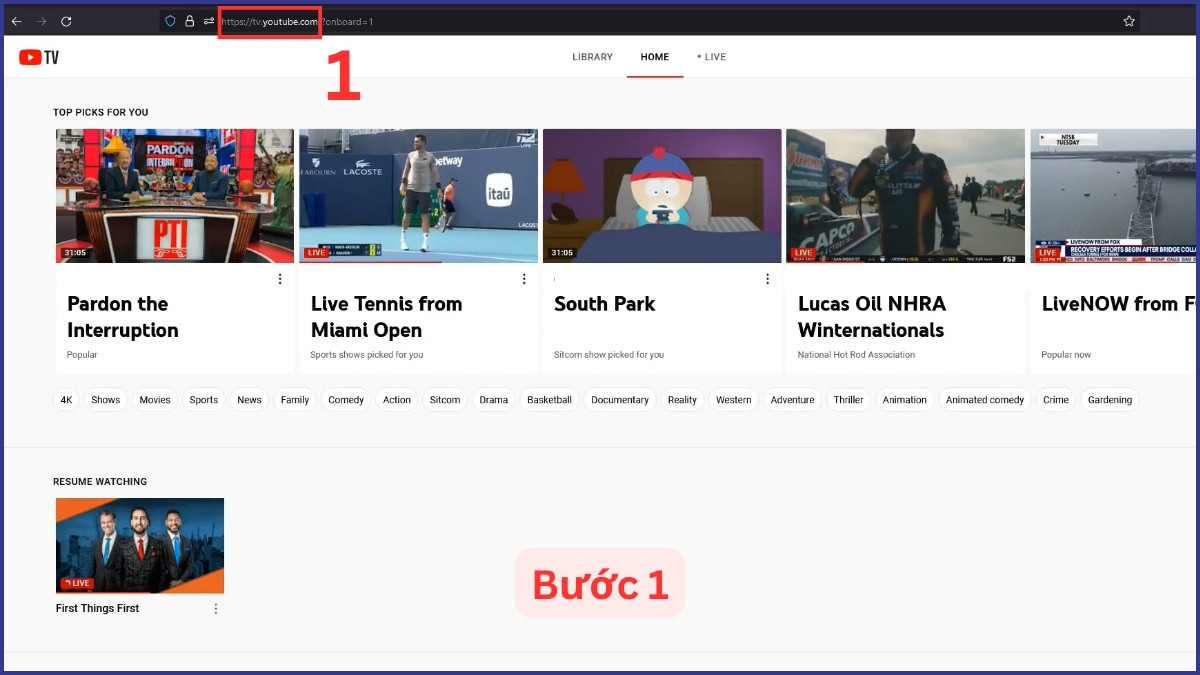 Truy cập TV.YouTube.com trên trình duyệt web