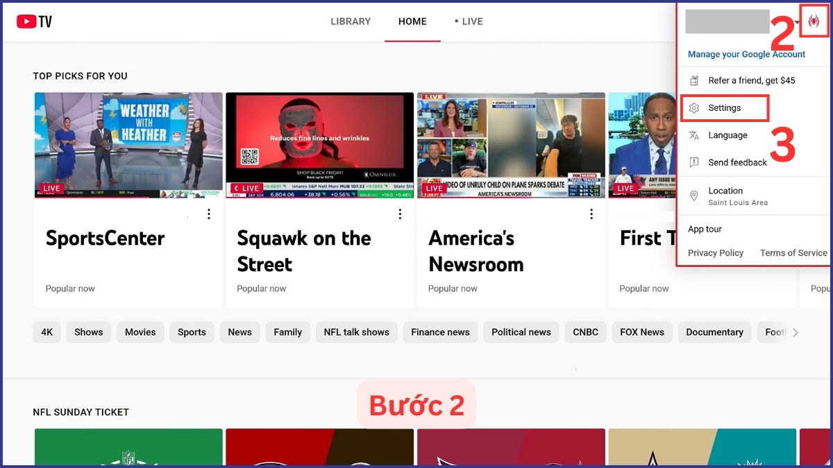 Vào mục cài đặt của tài khoản YouTube