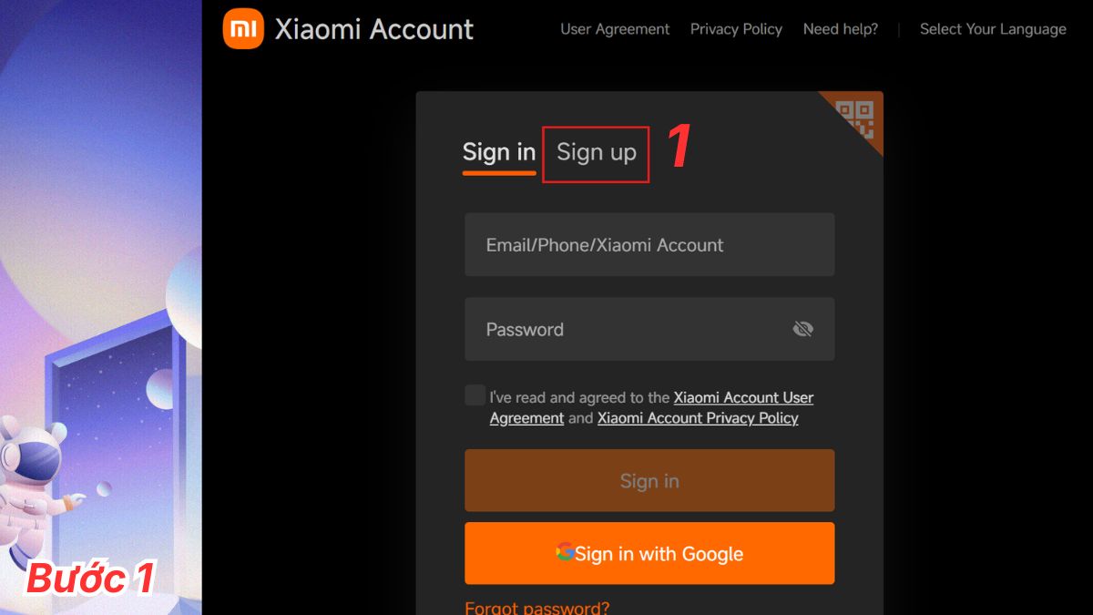Truy cập vào trang đăng ký tài khoản Xiaomi
