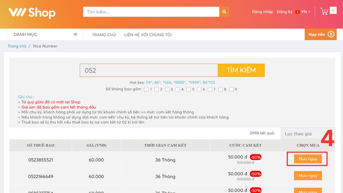 đặt mua SIM đầu số 052